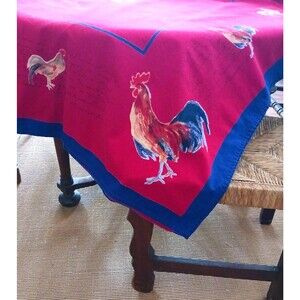 Pottery Barn French Country Rooster Red/Navy Cotton Tablecloth 70X108
